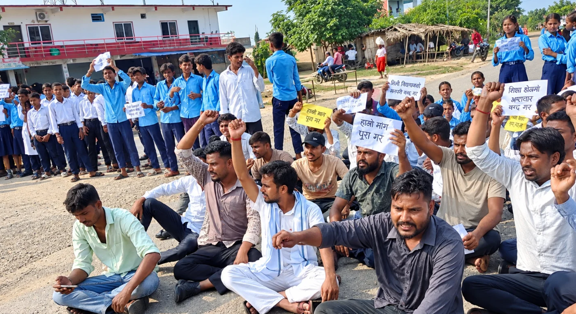 शिक्षकको व्यवस्था माग गर्दै कविलासीमा विद्यार्थीको प्रदर्शन